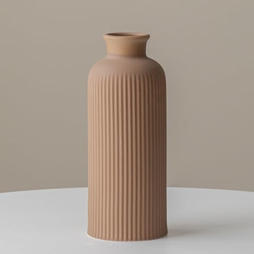 Keramik Vase mit gerillter Oberfläche, Blumenvase für Pampasgras Deko, Kaffeebraun, 25,4 cm Höhe, 10 cm Breite, Modern für Wohnzimmer Esstisch Büro (Kaffeebraun)