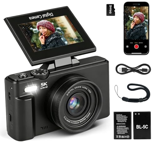 5K 75MP Digital Camera for Photography, Vlogging Camera with Wi-Fi, Compact Camera with 3 180° Flip Screen for Travel Youtube Beginners, 18x Digital Zoom, Autofocus, Includes 64GB Memory Card