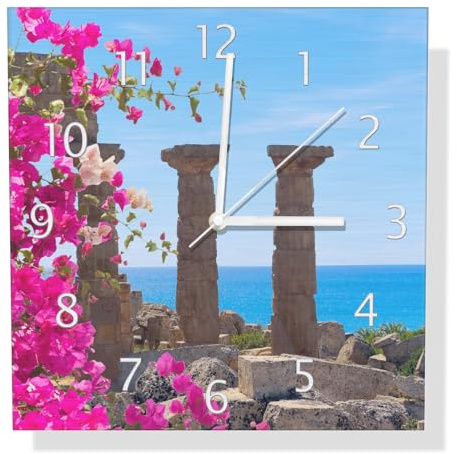 Wallario Design Wanduhr Antike Säulen am Meer aus Aluverbund, Alu-Uhr Größe 30 x 30 cm, weiße Zeiger mit Metalloptik
