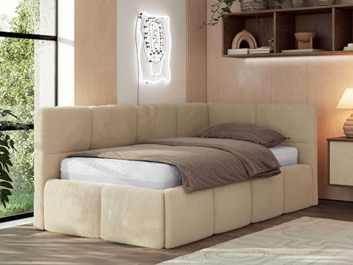 MKS MEBLE Jugendbett ARVO 90x200 cm mit Lattenrost und Bettkasten, Polsterbett mit gepolstertem Kopfteil und Gasdruckfedern, Eckbett mit Stauraum - mit Pocket-Matratze - Beige Plüsch - Rechts Seite