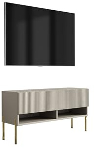3E 3xE living.com TV-Schrank mit geriffelter Front, Kaschmir, geraden goldenen Beinen, 100 × 32 × 52 cm