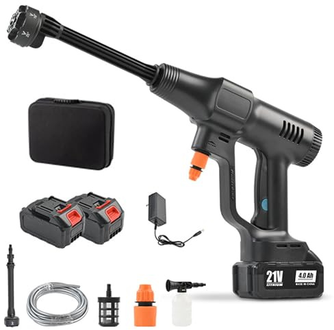 GOURIXIN Idropulitrice Portatile a Batteria, Idropulitrice ad Alta Pressione Senza Fili con 2 Batterie, Ugello 6-in-1, 5M Tubo, Cannone Schiuma, per Auto Giardino Pavimenti, Pulizia