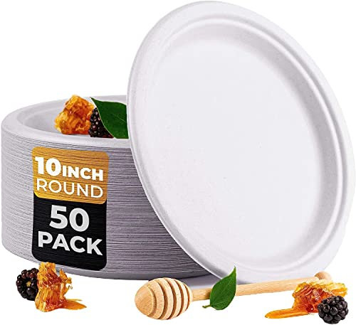 50 x Round white Paper Plates [10 Inch 24cm ] Party Plates for Hot Food. Reusable Bagasse Sugar Cane plates for Weddings, Christmas and picnic.