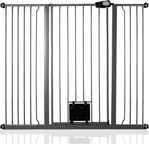 Bettacare Haustiergitter mit Verriegelbarer Katzenklappe, 126.7cm - 134.3cm, Schiefergrau, 104cm in der Höhe, Extra Hohes Haustier Sicherheitsgitter mit Katzenklappe, Einfache Installation