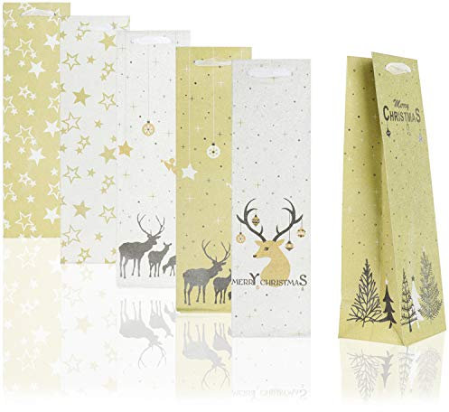 com-four® 6x Geschenktüte mit Weihnachtsmotiven - Glitzer Geschenktasche für Wein- und Sektflaschen - Flaschentasche für Weihnachten und Nikolaus [Auswahl variiert] (06 Stück - Glitzer Mix)