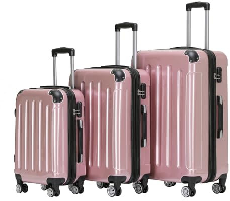 BEIBYE- 3er Kofferset Hartschalen-Koffer Reisekoffer Trolley Rollkoffer Set Reisekofferset (Rosa Gold)