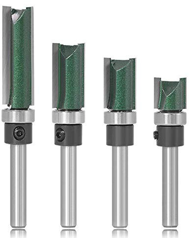 Mesee 4 Pieces Flush Trim Router Bit Set, 1/4 Inch Shank Industrial Grade Straight Pattern Template Router Bits with Bearing Guide Woodworking Milling Cutter Tool, 1/2 3/4 1 1-1/2