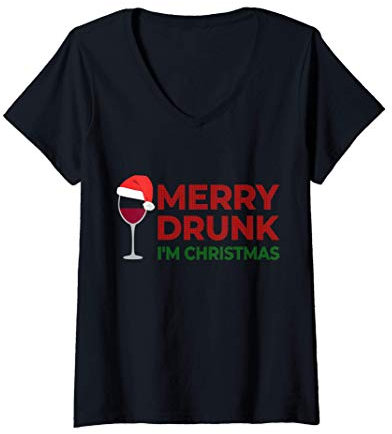Damen I'm Merry Drunk Ugly Christmas Sweater Weihnachtspullover Im T-Shirt mit V-Ausschnitt