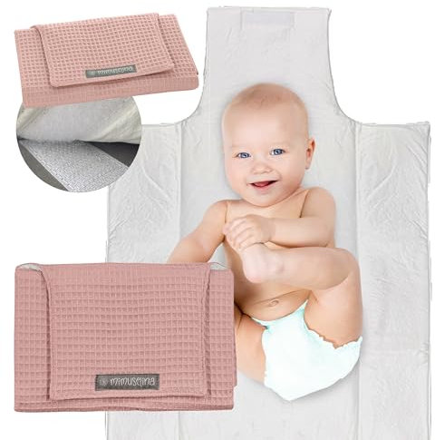 MIMUSELINA Tapis a Langer de Voyage Bebe - Matelas à Langer de Voyage Imperméable et Antitache - Tapis à Langer Nomade pour Changer Bébé avec Matelas en Caoutchouc Mousse (Waffle Rose)