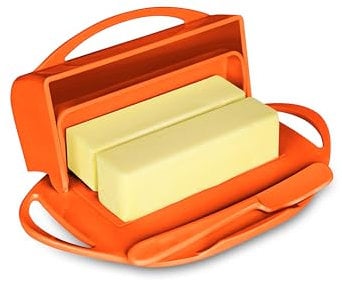 Butterie Flip-Top Butter Dish with Lid & Matching Knife, Holds 2 Sticks/European Butter, No-Mess Butter Holder, Shatterproof, Dishwasher Safe, Orange
