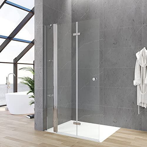 Duschabtrennung faltbar Dusche 95 x 187 cm Walkin Duschwand Glas rahmenlos Falttür Drehfalttür mit Festteil und Eckregalen Begehbare Glaswand Sicherheitsglas Echtglas 5 mm klar | ohne Magnetprofil