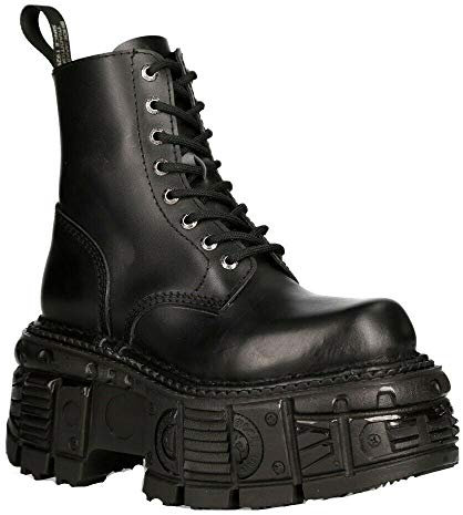 New Rock Stiefel M-MILI084N-S5 Unisex Metallic Schwarz 100% Leder Techno Plateau Schnürsenkel Befestigung 43