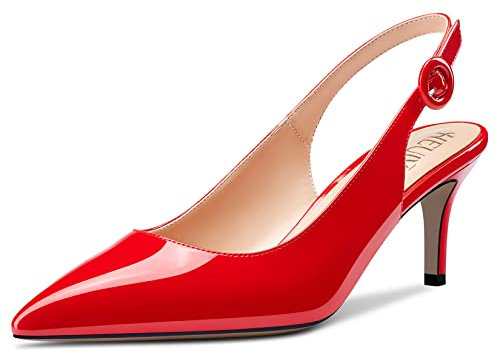 HEUIVZAR Slingback Pumps da Donna Cinturino alla Caviglia a Punta Spillo Gattini Basso Tacco Heel Verniciata Shopping Vacanza Classico Rosso 6.5 CM 40 EU