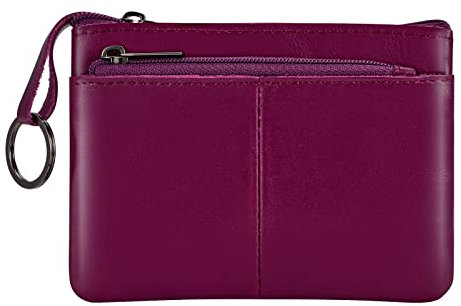 Lidwot Portamonete in vera pelle, mini portamonete con cerniera, portamonete con portachiavi, 3 cerniere, Viola, Portafoglio portamonete con portachiavi 3 cerniere