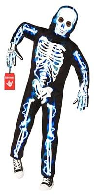 Morph Skelett Kostüm Kinder, Gruseliges Halloween Kostüm Jungen | Overall, Kapuze & Handschuhe, Blaues Skelett-Design, Zum Überziehen, Perfekt für Halloween, Ideal für Rollenspiele