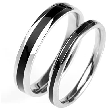 BCughia Freundschaft Ringe für 2, Edelstahlringe Trauringe Silber Schwarz Silberring mit Schwarzer Emaille Damengröße 52(16.6), Herrengröße 60(19.1)