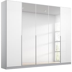 Rauch Möbel Alabama Schrank Kleiderschrank Weiss Hochglanz, Seidengrau mit Spiegel, 5-türig, Inklusive Zubehörpaket Premium, 3 Kleiderstangen, 9 Einlegeböden, 3 Schubkästen, BxHxT 226x229x54 cm