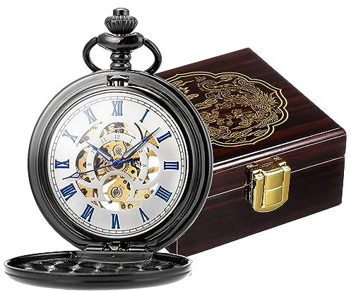 ManChDa Antike mechanische Taschenuhr Glücksdrache & Phönix schwarzes Skelett mit Box, Weißes Zifferblatt + schwarzes Holzgehäuse, 5. Schwarz, Blau und schwarzes Holzgehäuse