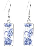 Chinesische Stil Blau und Weiß Porzellan Muster Drucken Handgemachte Schmuck Rechteck Fisch Haken Ohrringe, 25 mm, Leder