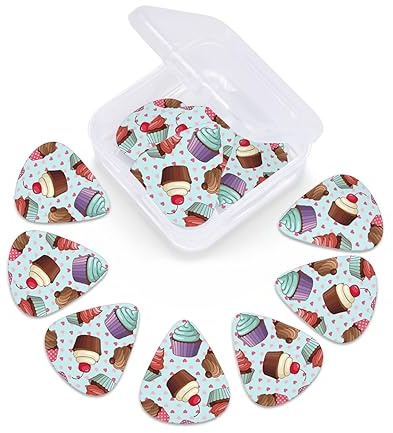 Gitarrenplektren mit Organizer-Aufbewahrungsbox, dünn, mittelschwer, handgefertigt, Cupcake-Muster, Gitarrenplektren, Bass, Ukulele, Akustikgitarre, Liebhaber, Geschenk, 12 Stück