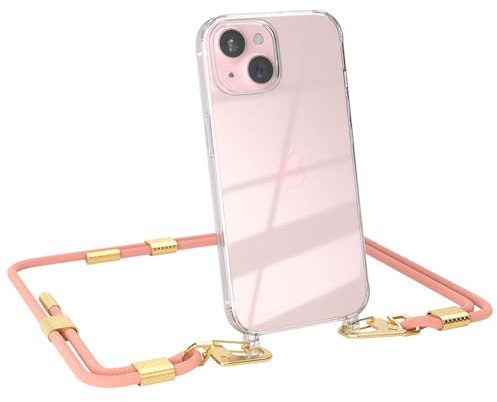 EAZY CASE - Handykette mit Karabiner kompatibel mit iPhone 15 - Hülle Silikonhülle Fallschutz transparente Handyhülle Kette zum Umhängen Schutzhülle in Korall - Clips Gold