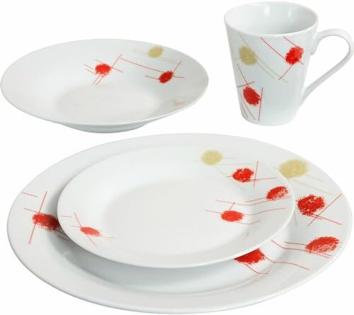 16pc Dinnerware Set - 4 Porcelain with 4 Bowls, 4 Mugs, 4 Side Plates and 4 Dinner Plates - Microwave and Dishwasher Safe - Cereal Bowls, Desserts, Lunch (Red and Cream)