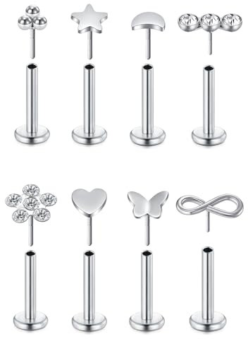 WillTen 8PCS Tragus Piercing Silber, 16G 6mm Tragus Piercing Chirurgenstahl mit Cubic Zirkonia, Piercing Ohr Lippenpiercing Knorpel Helix Piercing Schmuck für Frauen Mädchen