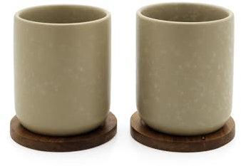 Bredemeijer Teebecher Set 2-teilig beige aus Keramik - Steingut Tassen je 200 ml & Holzuntersetzer