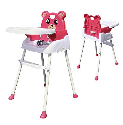 Chaise haute 4 en 1 pour bébé dès la naissance, pliable, siège réglable, convertible, avec ceintures de sécurité, plateau (rose)