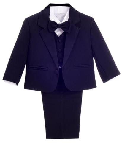 Lito Angels Costume Mariage Ceremonie Bebe Garcon, Ensemble 5 Pieces (Blazer, Gilet, Chemise, Noeud Papillon et Pantalon), Taille 12 Mois (étiquette en Tissu 12M), Marine Foncé
