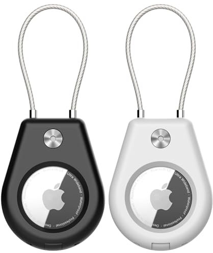 SkyArmor AirTag - Supporto sicuro con cavo metallico, confezione da 2 pezzi, per portachiavi, chiavi, bagagli, zaini, protezione robusta, custodia per portachiavi Airtag, nero/bianco