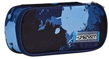 Seven Inky Shadow Stifteköcher für die Schule, rund, Blau, oval, mit Innentasche und elastischen Stifthaltern, Zubehör Rucksack, Grundschule, Mittel, Oben, Kinder, Jungen