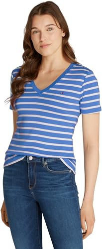 Tommy Hilfiger Damen T-Shirt Kurzarm New Slim Cody V-Ausschnitt, Mehrfarbig (Fine STP Blue Spell/Ivory Petal), M