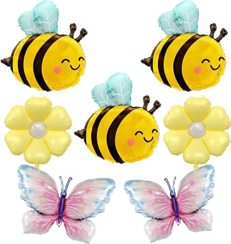 7 Stück Folienballon Gänseblümchen Bienen Schmetterling, Blumen Luftballon Bienen Deko Geburtstag Schmetterling Luftballon, für Kinder Erwachsene Geburtstage, Fotografie, Party Bedarf