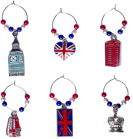 6 Glasanhänger – London Wahrzeichen Charms – London Souvenir Glasanhänger – Glasmarker – Partyzubehör – britisches Geschenkset mit Geschenkbox, Metall
