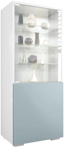 Vladon Vitrine Granada, Made in Germany, Vitrinenschrank mit Glastür und Glaseinsatz, Weiß matt/Denim matt (50 x 122,5 x 34,5 cm)