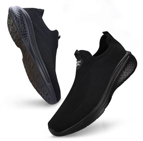 Giniros Mens Slip On Trainers Casual Trainers Shoes Breathable Running Walking Sneakers Lightweight Tennis Shoes Soft Comforble Mesh Gym Workout Sneakers, Black UK 11