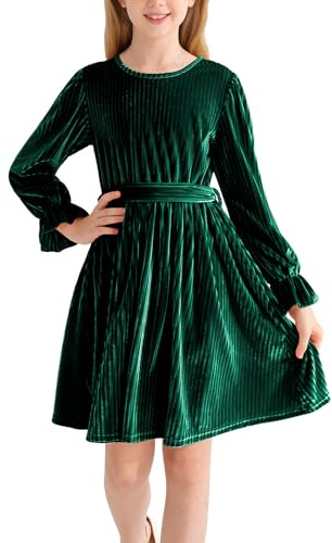 Naiyafly Mädchen Langarm Kleid Samt Rundhals Midi Herbst Winter Vintage Festliches Kleid für Kinder Teenager Mädchen Weihnachtsparty Kleid Kinder Freizeitkleider