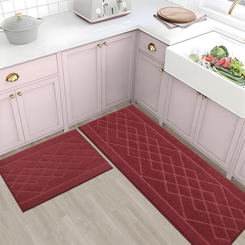 BEQHAUSE Küchenläufer rutschfest 2 Stück, Teppich Läufer waschbar und saugfähig Teppich küche mit TPR Anti-Rutsch Backing für Esszimmer, Küche, läufer Flur, 60x89cm+60x152cm, Rot