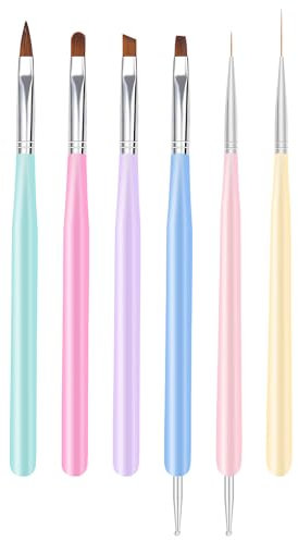 Nail Art Brushes, 6Pcs Nail Art Painting Tools with Nail Art Fine Liner Brush, Nail Design Painting Brushes Set, Builder Gel Brush, Nail Dotting Pen for Gel Polish Manicure Salon DIY, Multicolor