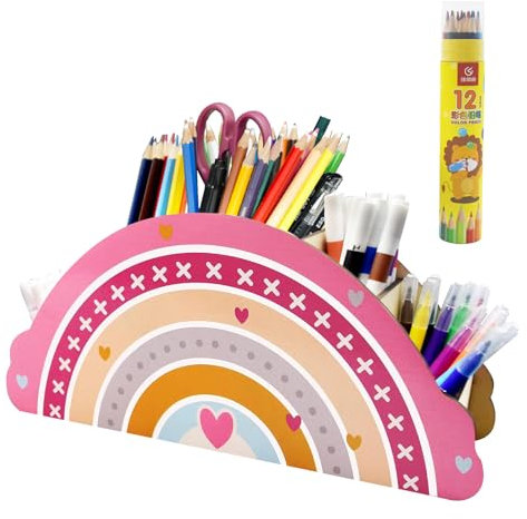 SHENSAIGO Stiftehalter Kinder Regenbogen, Holz Stiftehalter Kinder, Schreibtisch Organizer mit 12 Farbstifte, Stifte Organizer Stiftehalter Schreibtisch für Home Office Klassenzimmer Organisation