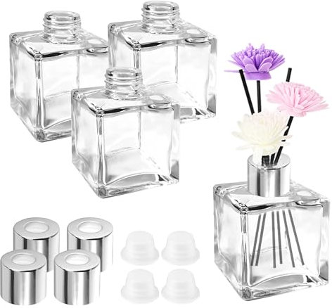 JSMTKJ Diffuseur Parfum Maison 4 Pcs Flacon Diffuseur en Verre Bouteille Diffuseur Carré 50ml Diffuseur de Roseau pour Parfum Huile Essentielle Maison Chambre