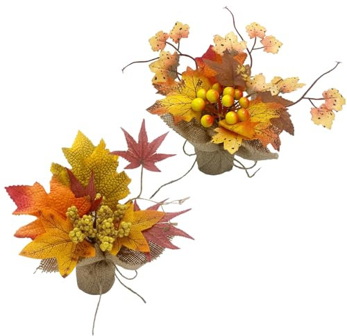 2 Pcs Mini Maple Leaf Tree, Artificial Maple Leaf Branches Faux Fall Picks Berries Orange Fall Potted Ornament for Farmhouse Fall Home Wedding Party Thanksgiving