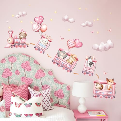 Decvictor Wandtattoo Rosa Tier Zug Wandaufkleber Safari Bär Kaninchen Zebra auf Ausflug Wandsticker Kinderzimmer Babyzimmer Mädchenzimmer Wanddeko