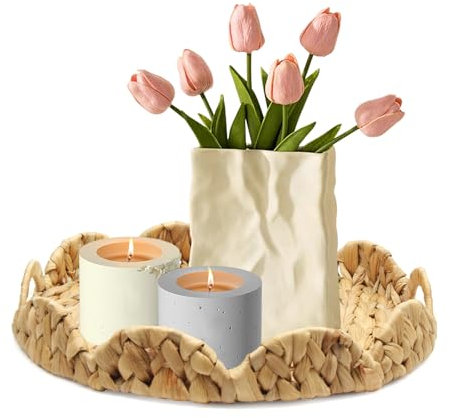 Suerhatcon Bandeja redonda de jacinto de agua, 34 cm, bandeja decorativa con asa, bandeja decorativa para cocina, baño, sala de estar