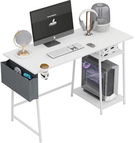 115cm White Computer Desk With Bookshelf, Corner Gaming Table, Study Sit Stand Desk With Metal Frame, Wood Table With Floating Shelves for Bedroom, Living Room