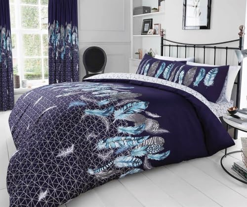 Navy Blue Duvet Set Dream Catcher Feathers Quilt Cover Pillow Cases Boho Bedding (Double)