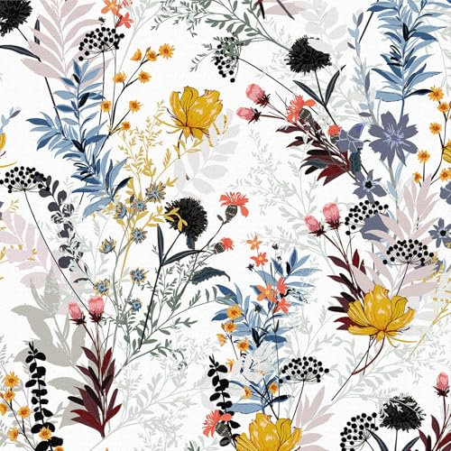 ICYEHAO Papier Peint Adhesif Floral Jaune,44 x 300cm Papier Peint Noir et Bleu Fleuri Feuille Botanique Papier Autocollant pour Meuble,Chambre,Salon,Salle de Bain,Toilette