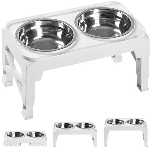 Hubulk Elevated Dog Bowls with 2 Stainless Steel Dog Food & Water Raised Bowls with No Spill Edge Non-Slip Stand Adjusts to 3 Heights(2.75, 6.0, 7.5) for Small Medium Dogs and Pet S-White