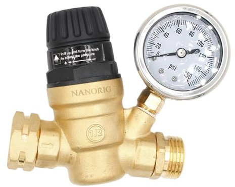 Wasserdruck-Regler, 3/4 Zoll Messing-RV-Druckminderventil mit Manometer und 2 Filtern for Wohnmobil-/Gartenschlauch-/Reiseanhänger-Reduzierventilwasser